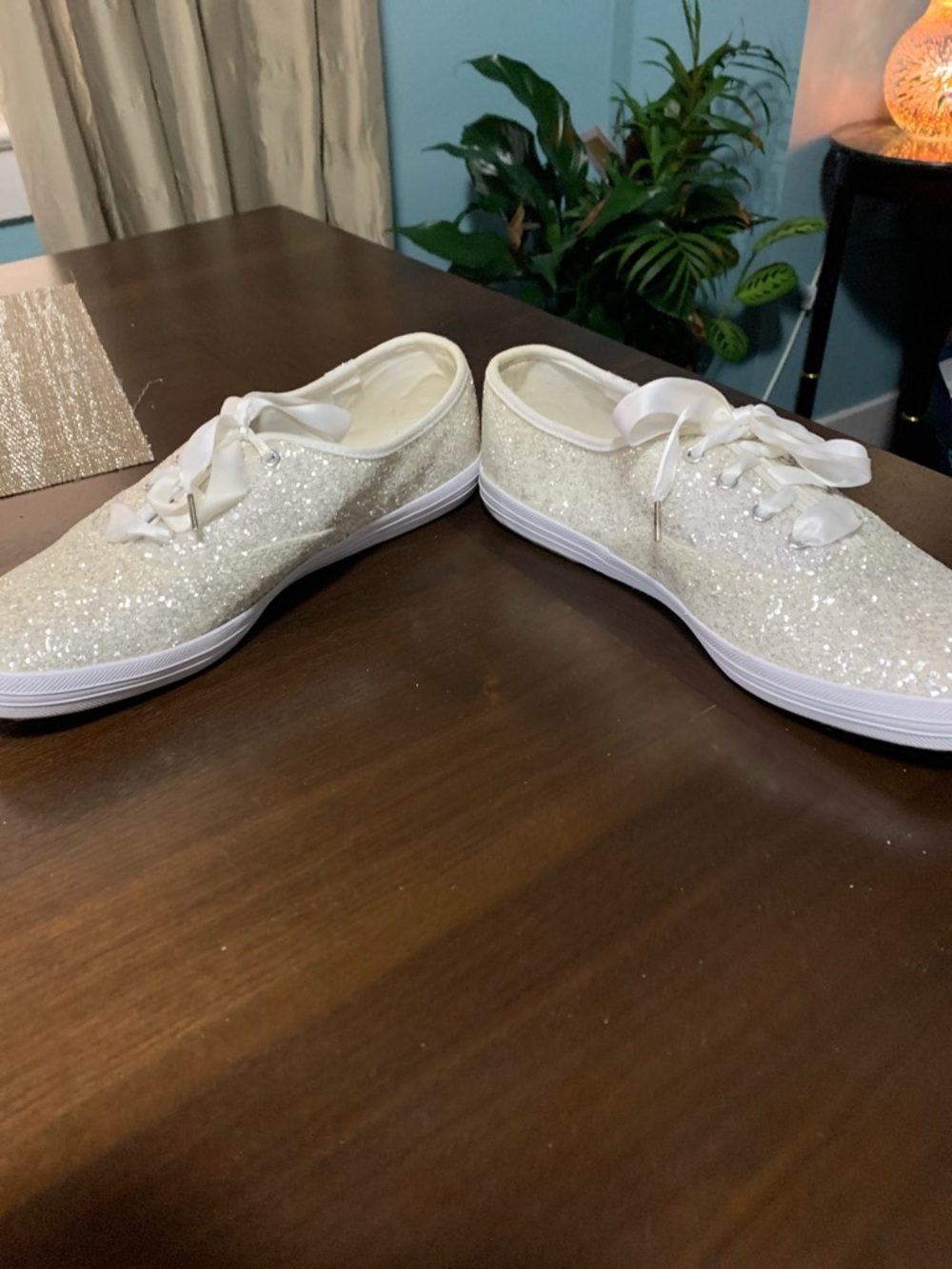 kate spade White Glitter Satin Ribbon Sneakers size 9.5 - Picture 4 of 7